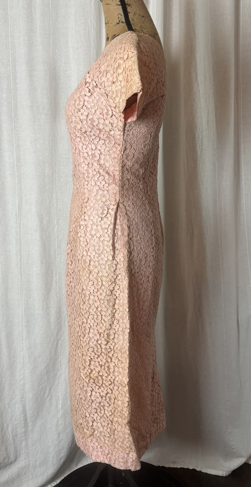 Vintage Pink Lace Body Con Wiggle Lined Cocktail Party Dress Sz S AS IS READ