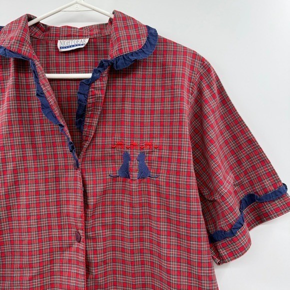 Vtg nightgear sleep wear plaid Shirt Nightgown embroidered cat & mouse