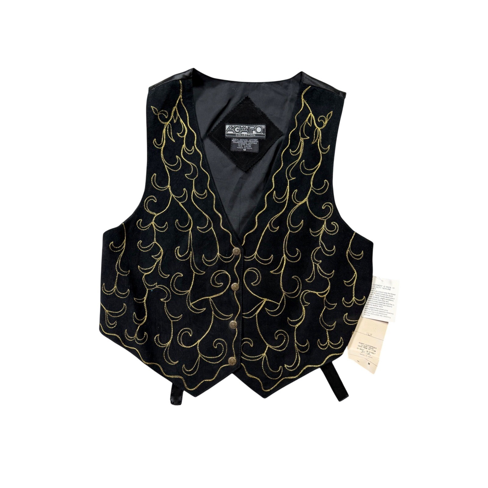Vintage Agapo Genuine Leather Vest NWT Black Gold Embroidered Western