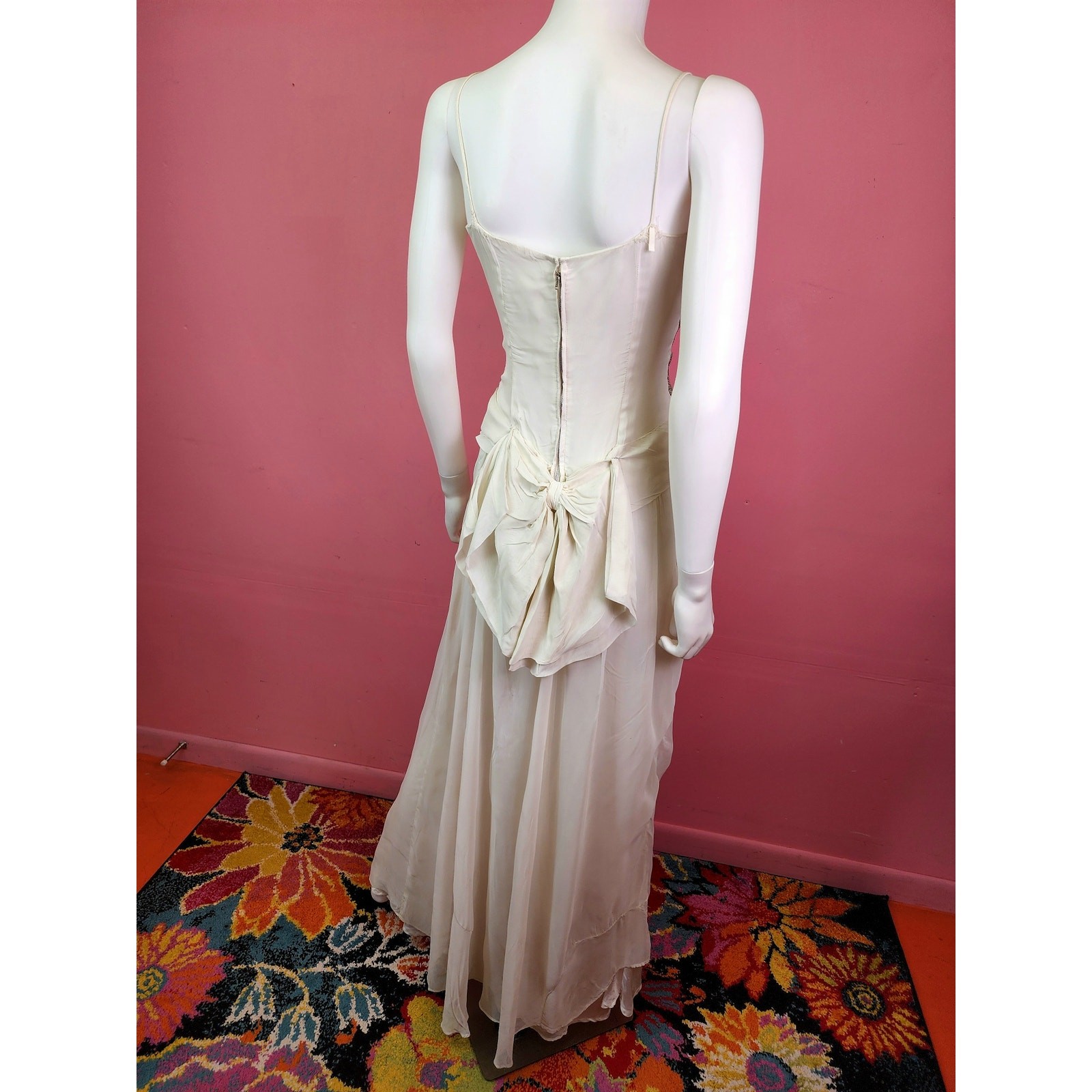 Vintage Late 1940’s White and Silver Sequin Bodice Chiffon Gown with Bow Back