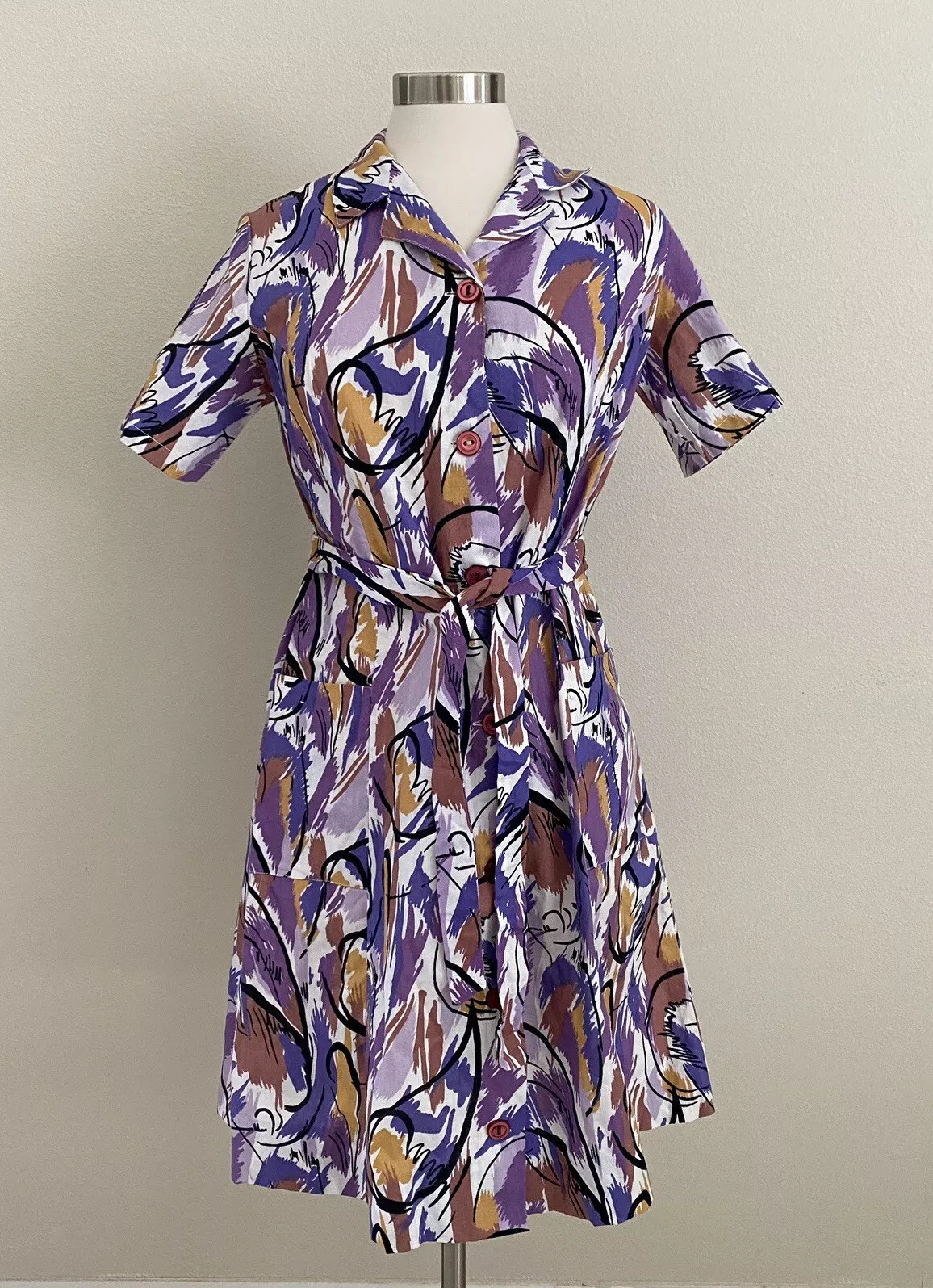 Vintage Dress Abstract A-Line Belt Uniform Prop Pinup Modest Medium Large Sz 44