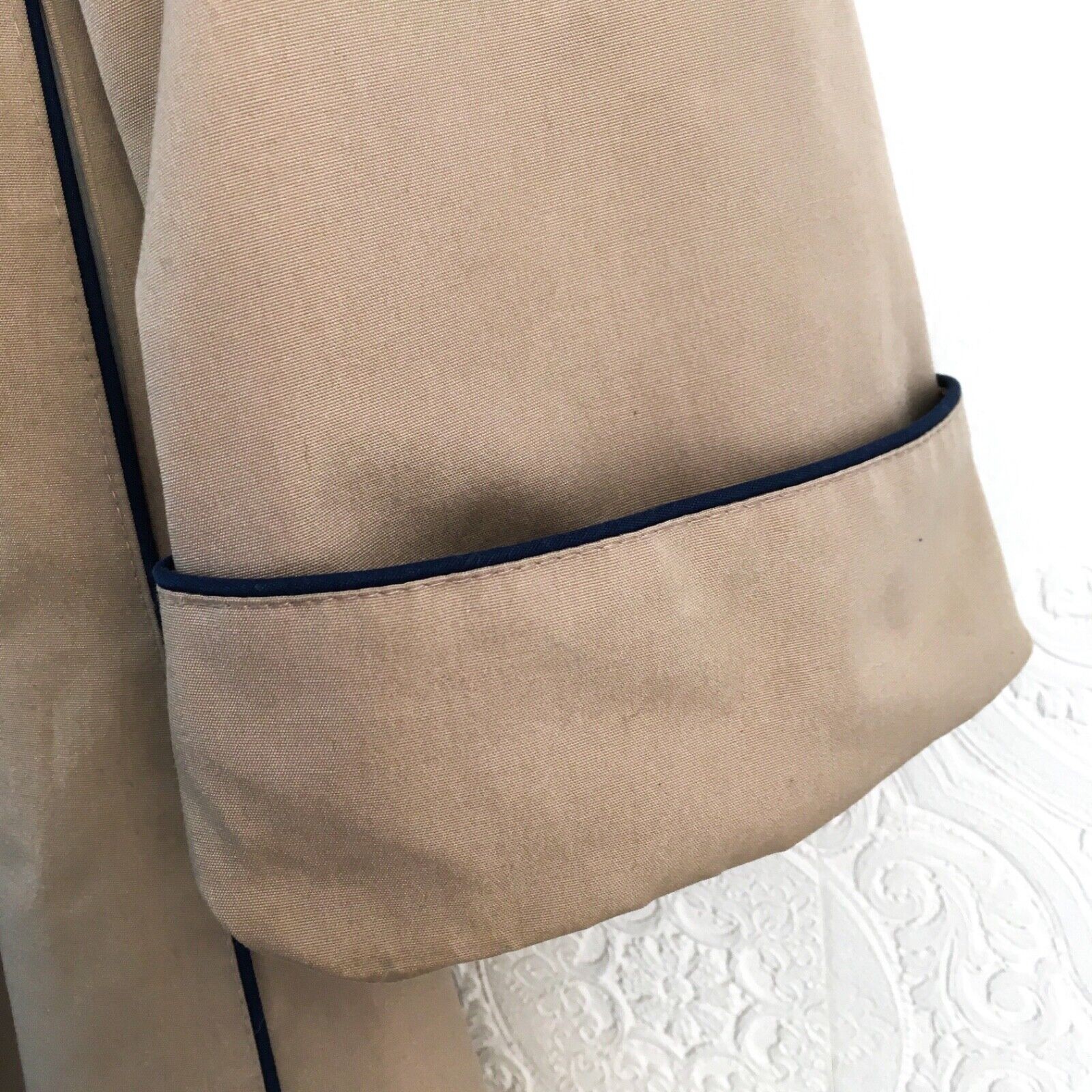 Vintage 70s khaki tan trench coat twill jacket women’s 10 mandarin collar toggle