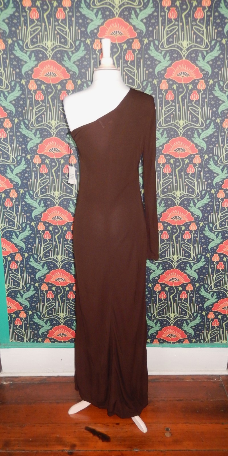 Vintage Y2K Chocolate Brown One Sleeve Shoulder Crystal Maxi Cocktail Dress