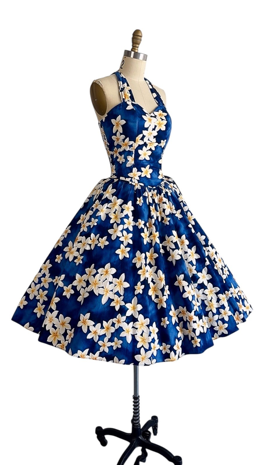 Vintage 1980s 1950s Style Blue Floral HAWAIIAN Pinup Dress Halter Top Sundress