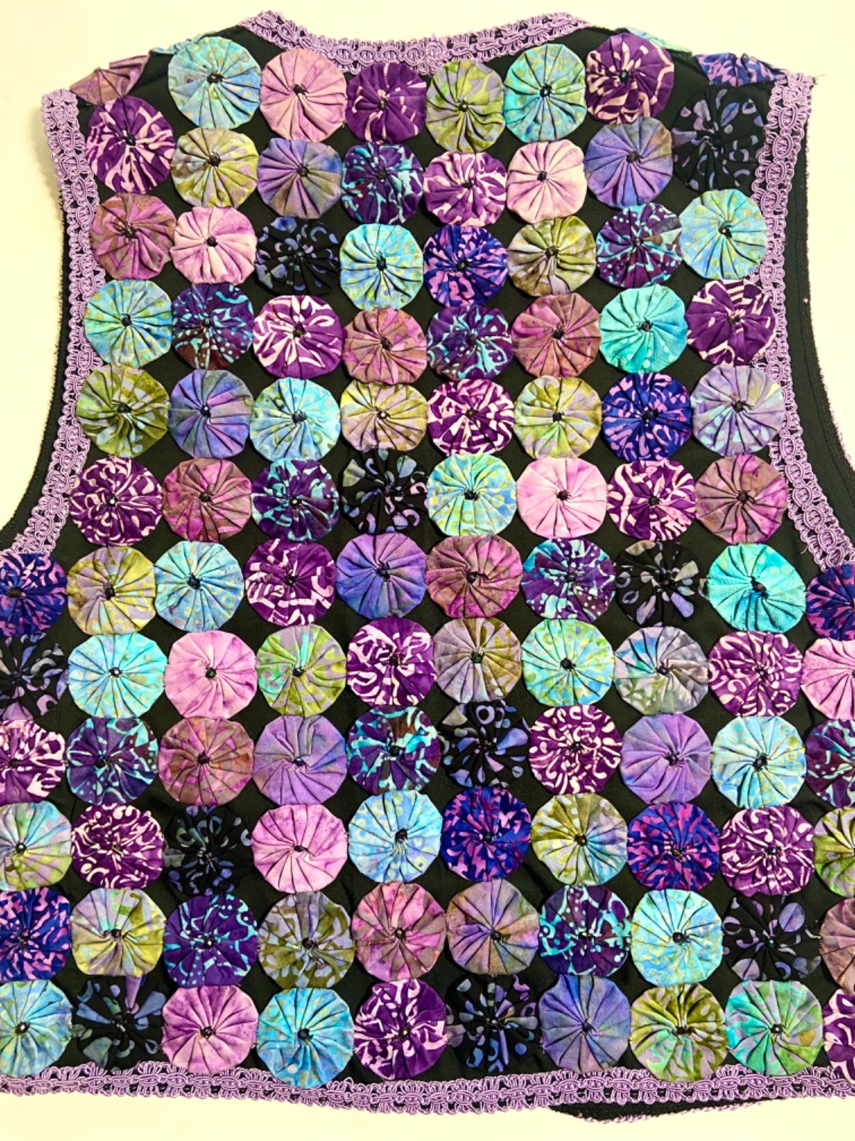 Vintage Quilted Yoyo Vest Purple & Black Lined Handmade Bust 35″ Cottage Core