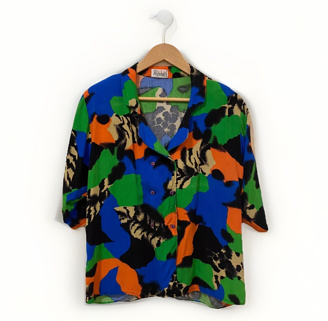 Vintage 80s 90s Abstract Top Double Breasted Animal Print Painterly Bright Retro