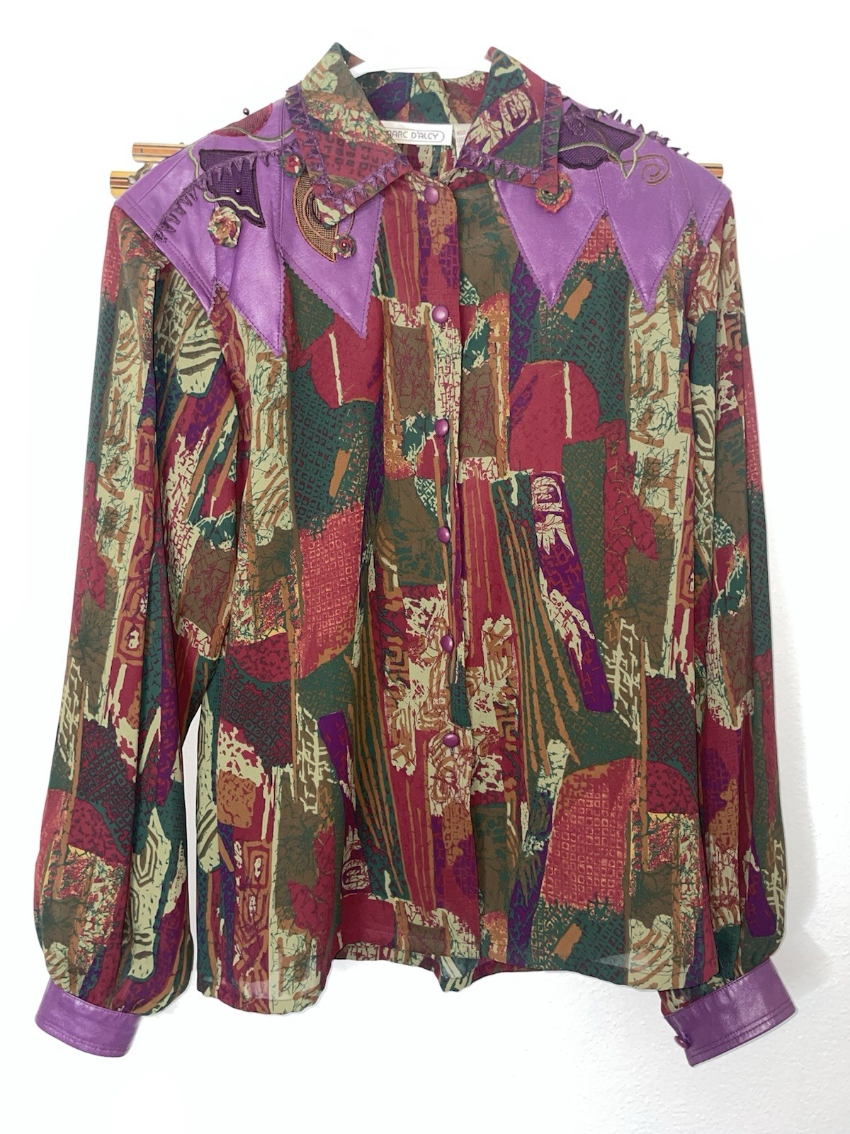 Vintage Marc D’Alcy Blouse Size 2 Abstract Purple Faux Leather Trim Shirt