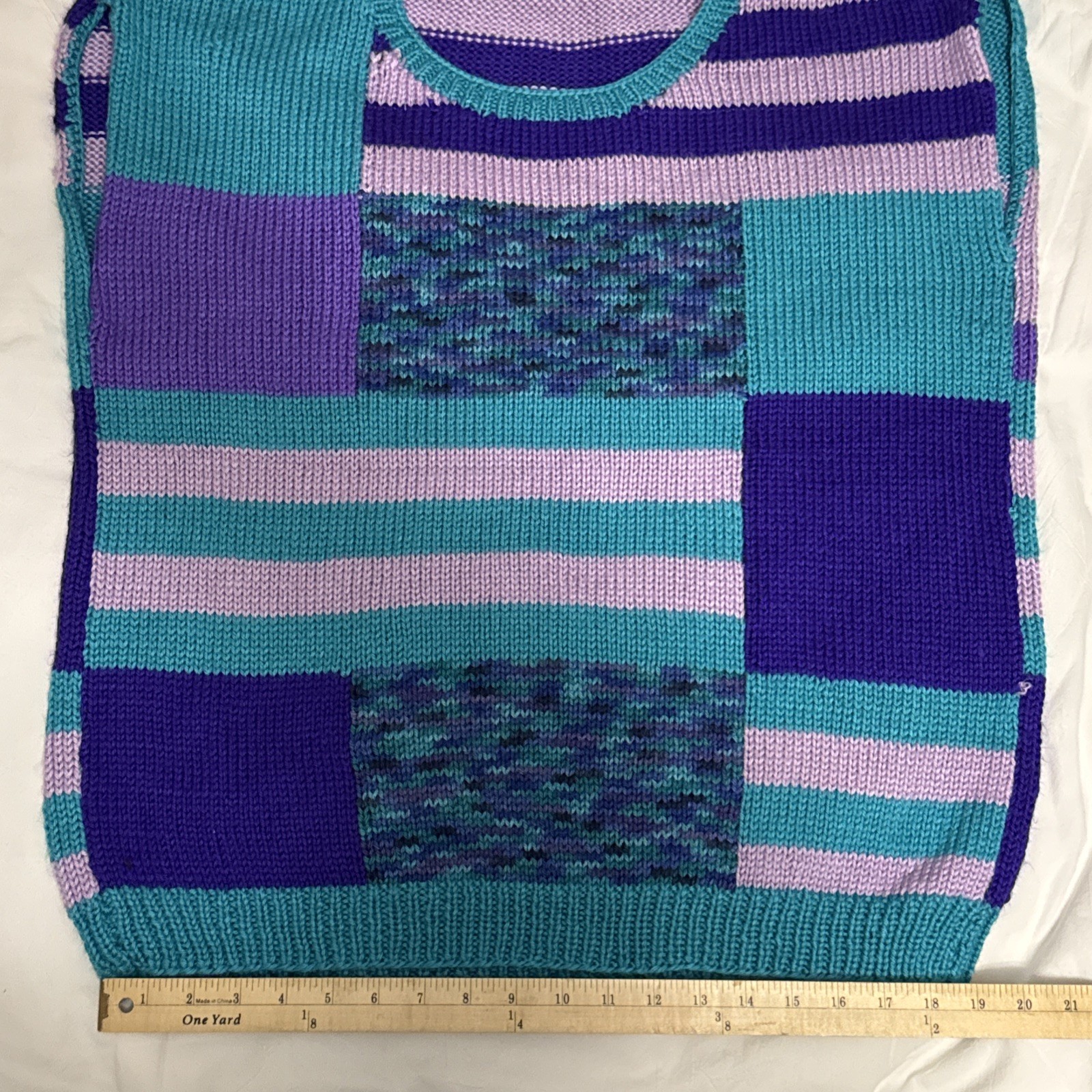 Vintage Handmade Knitted Purple Turquoise Colorblock Sleeveless Sweater Vest XL