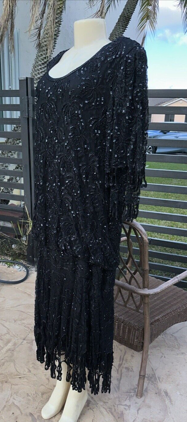 VTG JUDITH ANN CREATIONS BLACK SILK HEAVELY BEADED ASYMMETRIC HEM DRESS Sz XL
