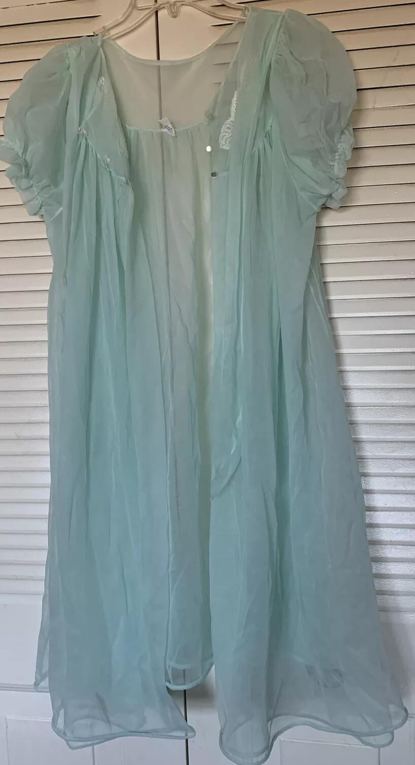 Vtg Radcliffe 2 Piece Nightgown Peignoir Set Large Wedding Green Nylon/Lace
