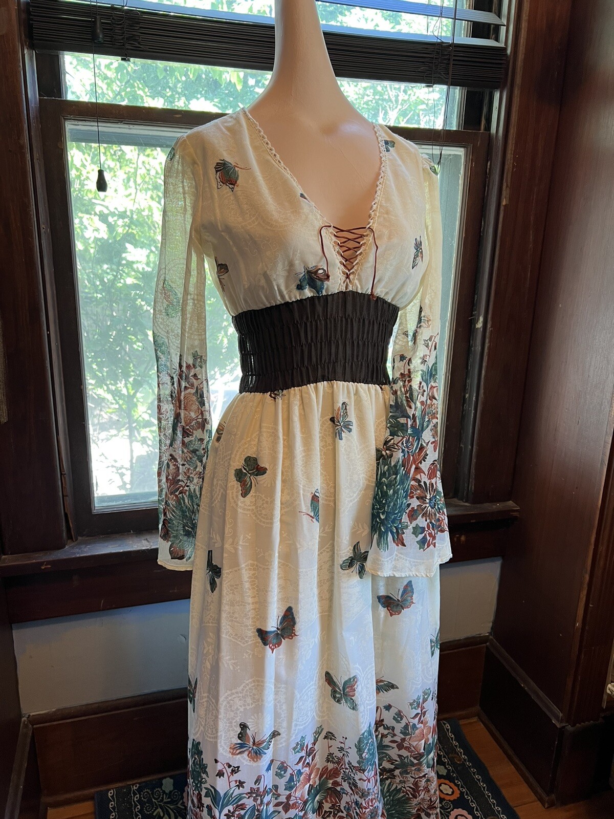 Vtg 60/70 Prairie Bohemian Semi Sheer Lace Gunne Sax Style Flare Sleeves Dress S