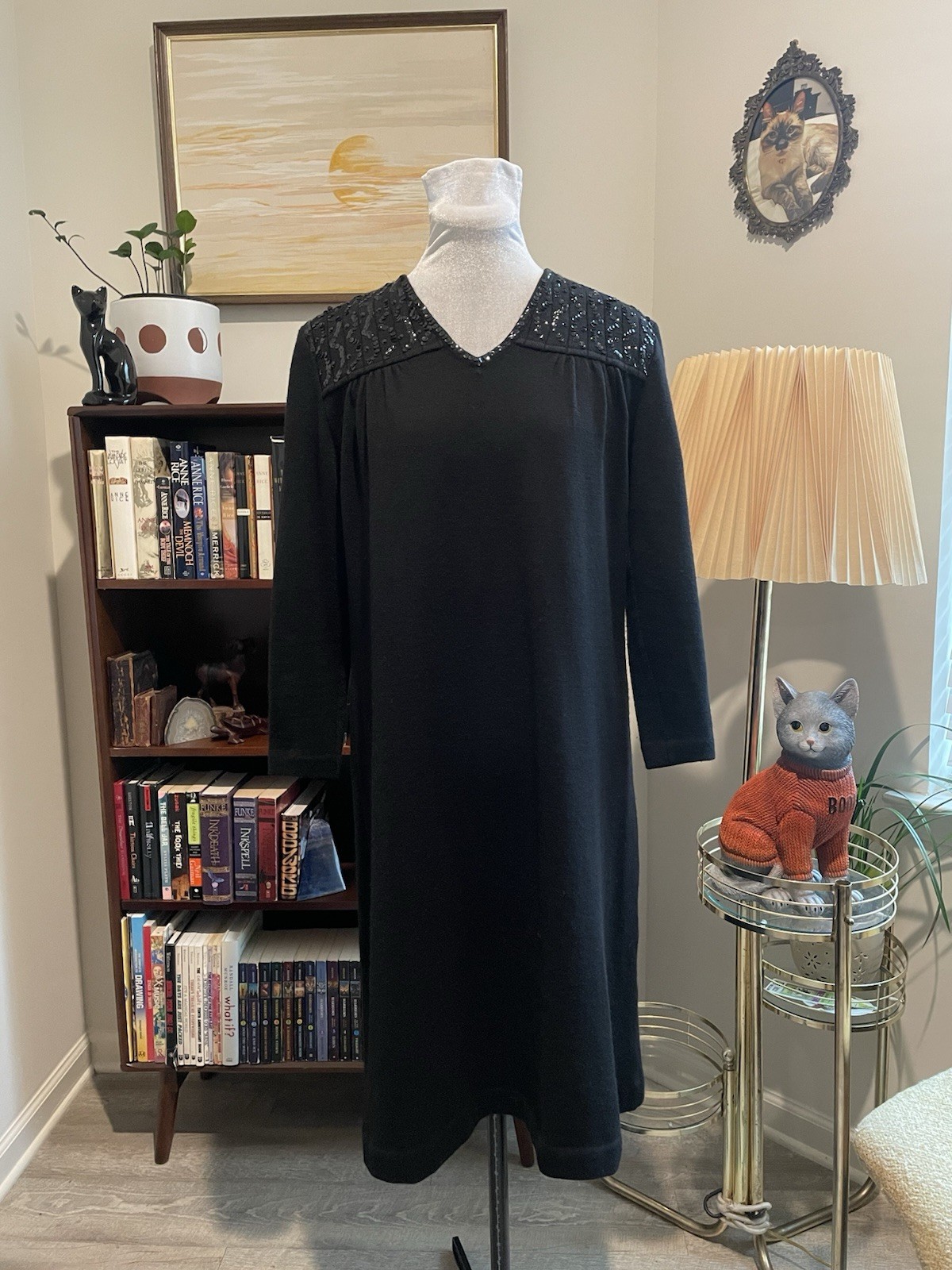 Vintage 60s Garfinckel’s Black Wool Knit Sequin Evening Dress Fits Size 8