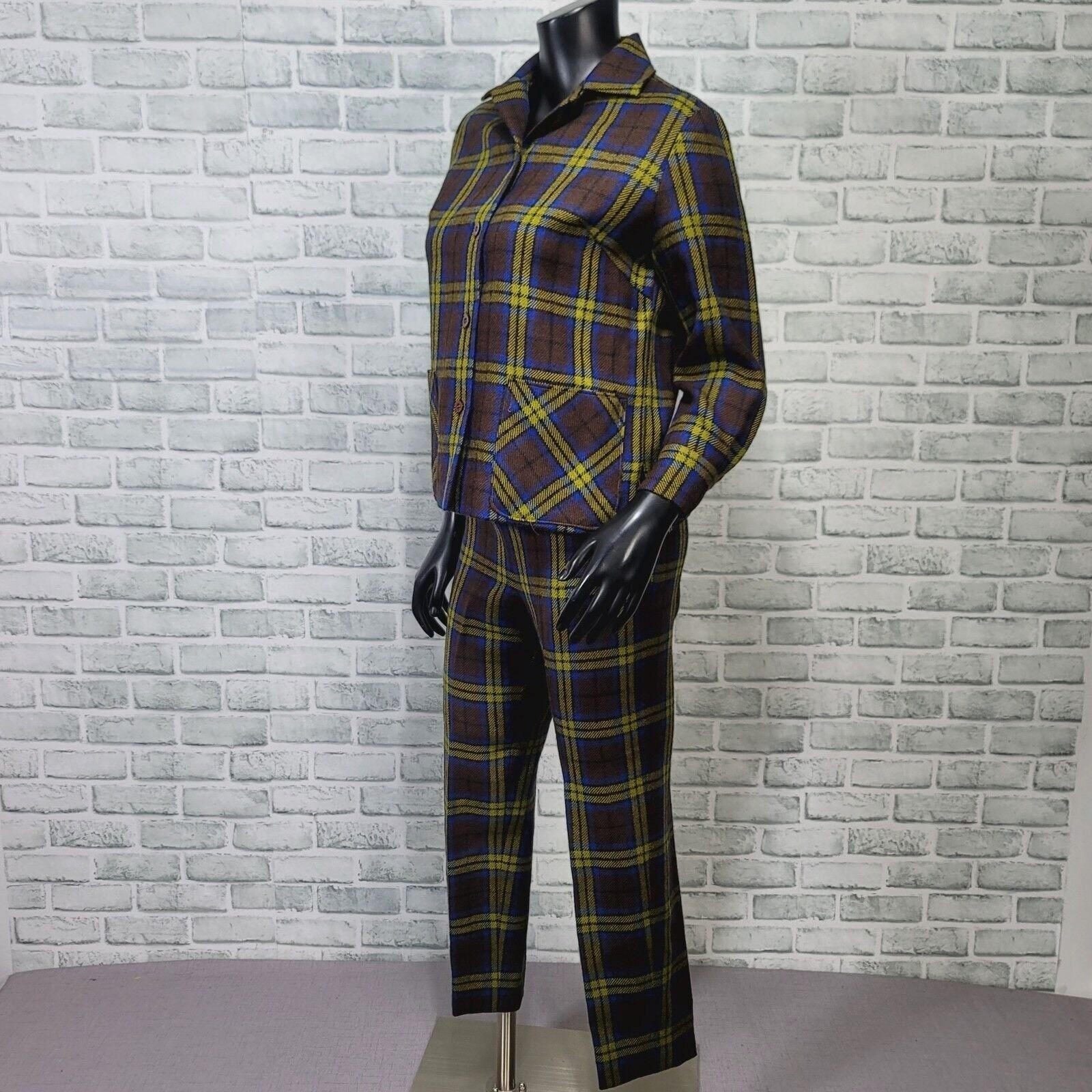 Vintage 60s Kajimatu Japan Wool Plaid Pantsuit Brown Blue Yellow Tartan Mod Set