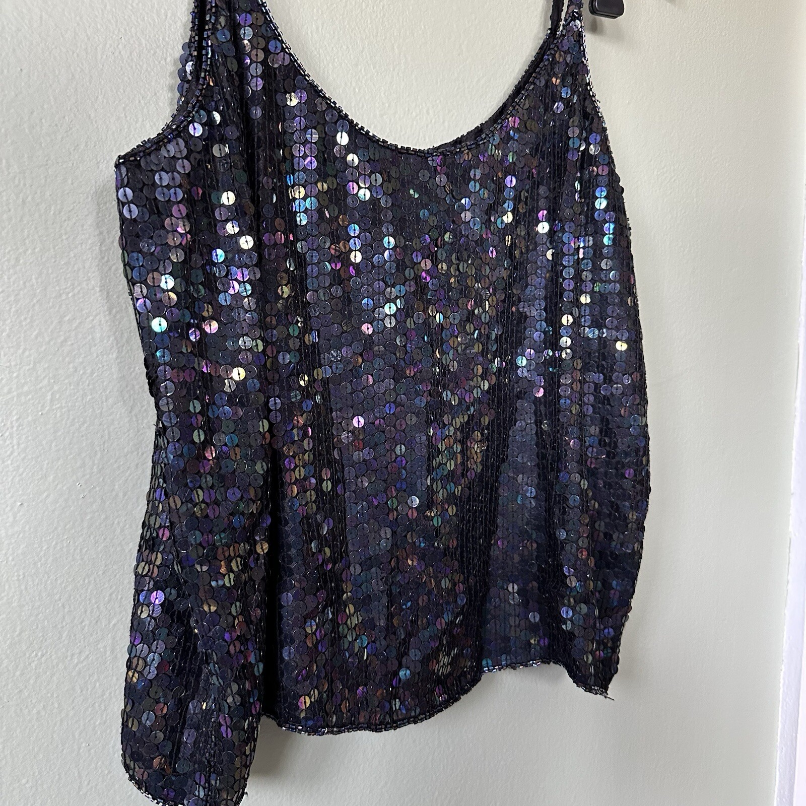 VTG 100% Silk Sequins Beaded Spaghetti Black Strap Top Spell Bound Size Medium