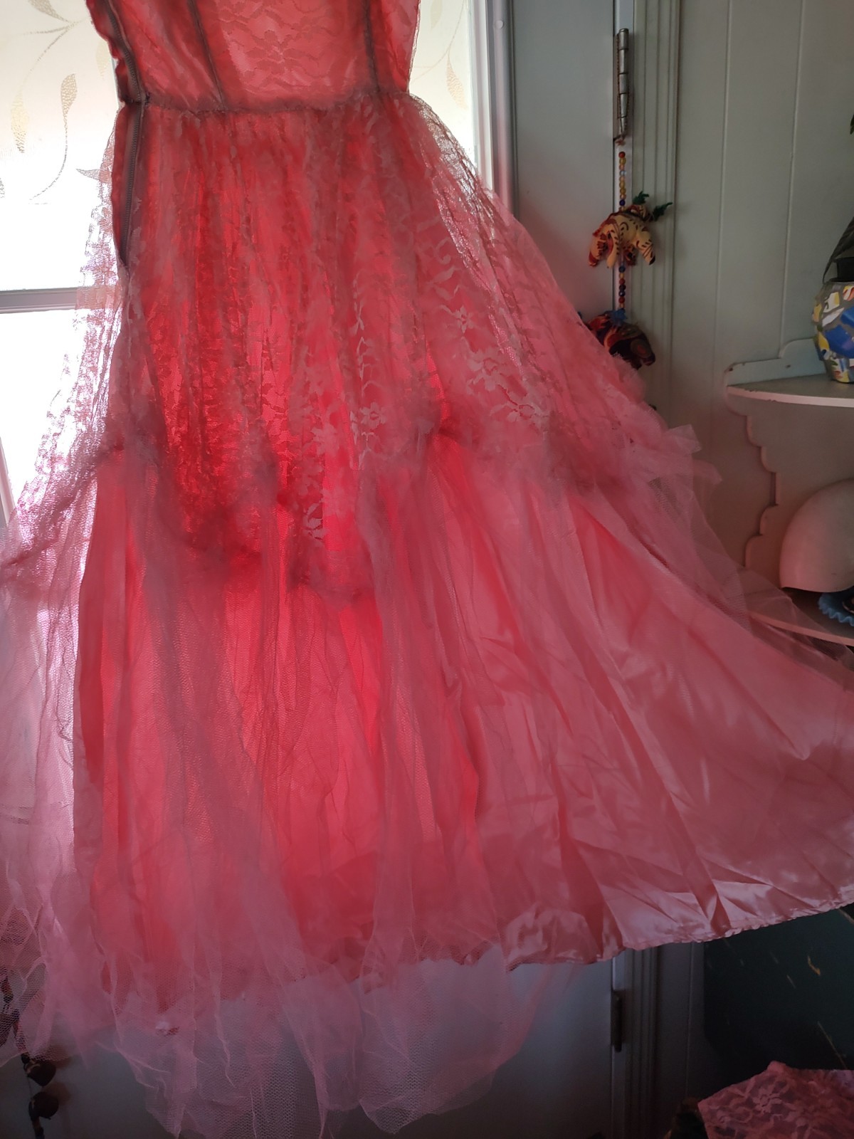 Vintage 50s Sz S Candy Pink Lace Ball Gown With Ballero Jacket Crinoline, Metal