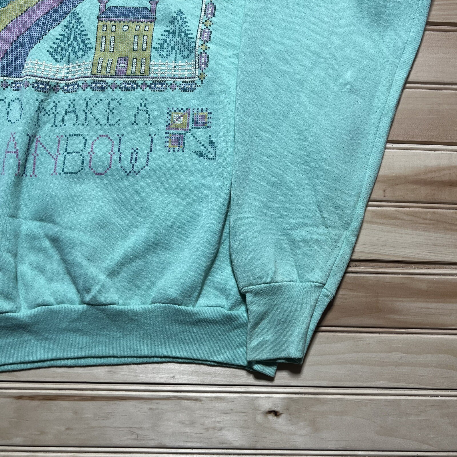 Vintage 80s Granny Core Rain And Shine Make Rainbow Needlepoint Sweatshirt – XL