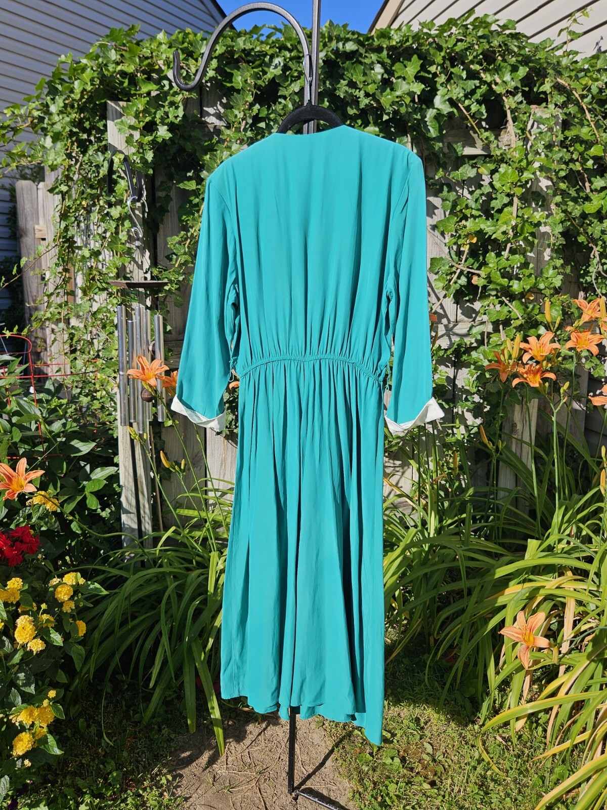 Vintage 1980s Kelly Green White Clown Notch Collar New Wave Button Midi Dress M
