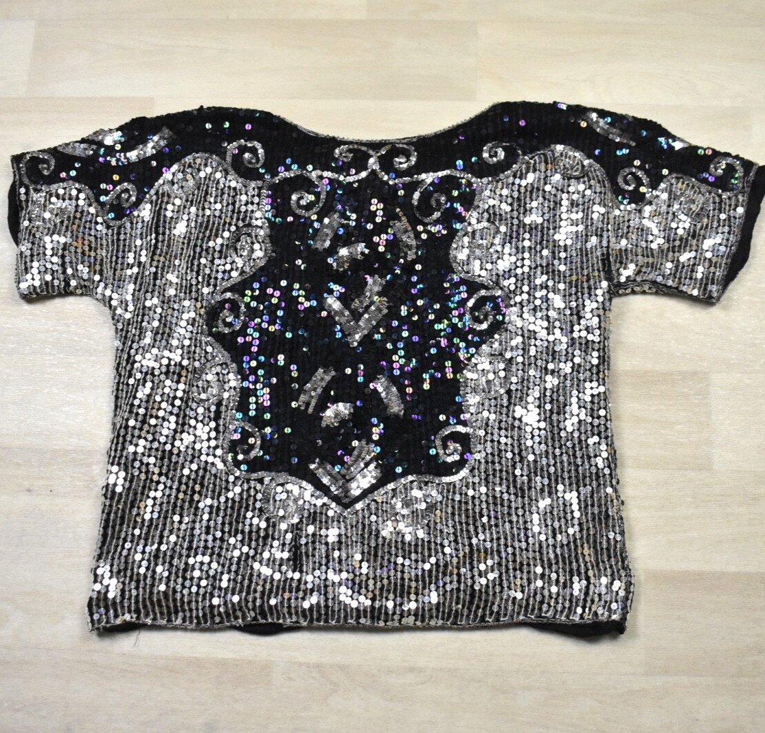 80s International Fashions Silk Sequin Blouse Art Deco Beaded Stage Medium VTG