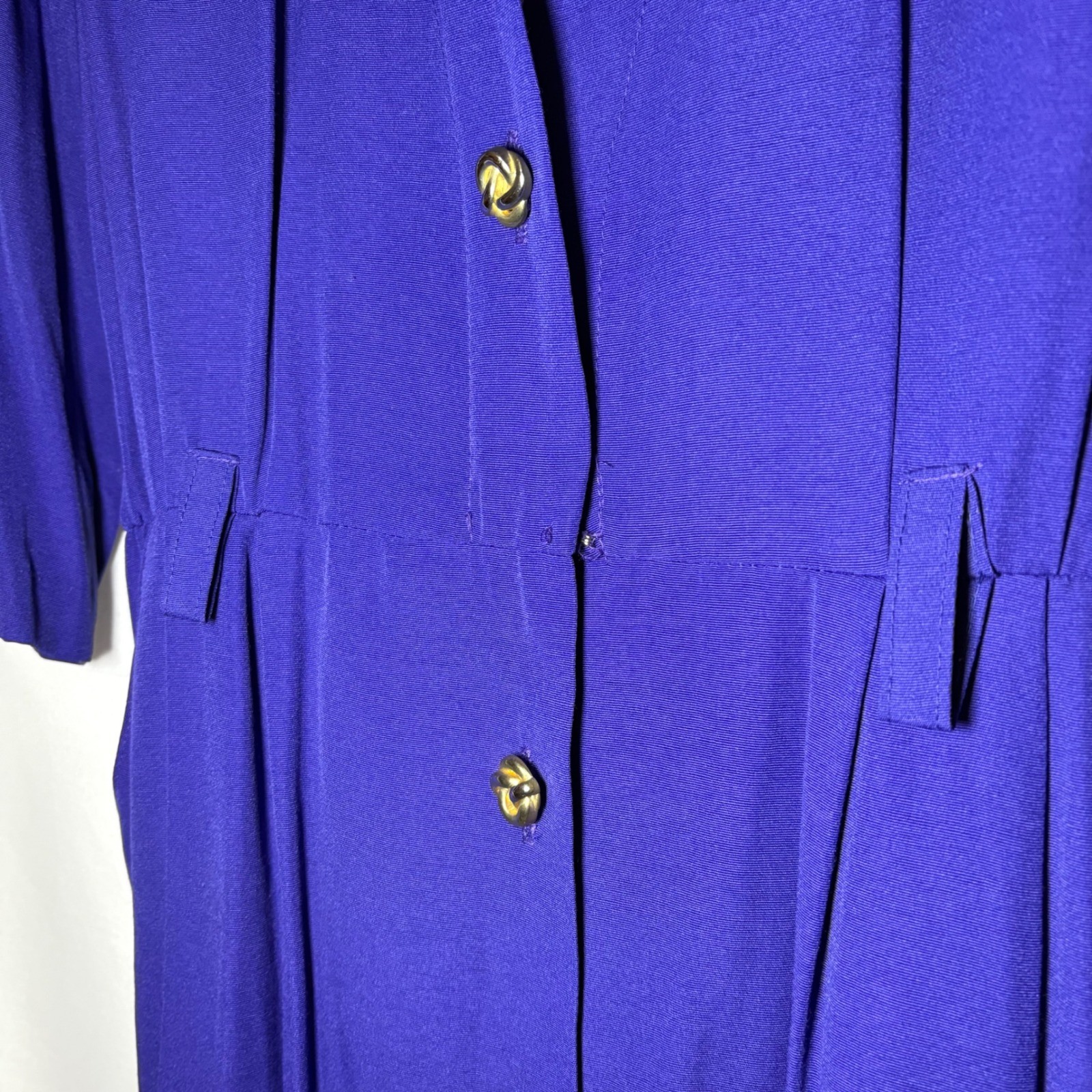 Vintage Peri Petites Blue Midi Dress Gold Knot Buttons 3/4 Sleeve Pockets 10P