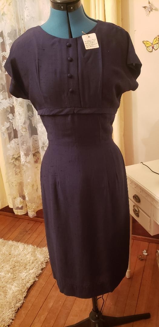 Vintage 50s dresses for women navy blue silk rayon wiggle style