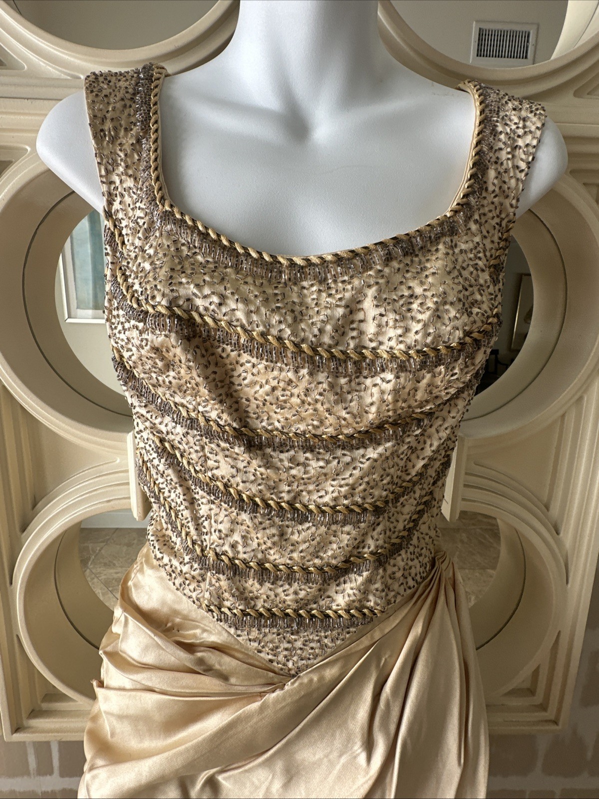 Ceil Chapman 50s Patented Champagne Gold Satin & Beaded Bustier Sarong Gown XS