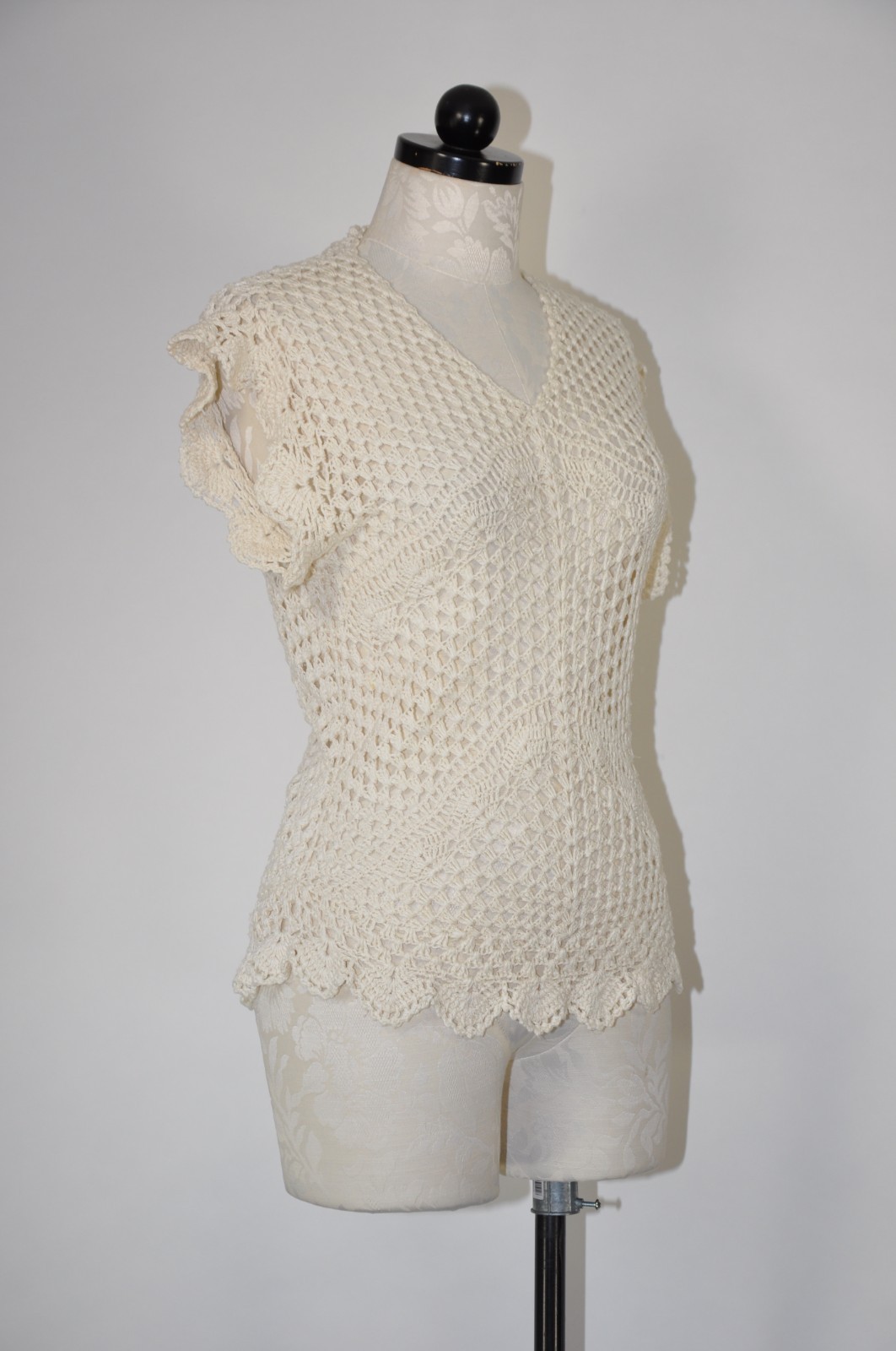 70s Cream Crochet Bohemian Knit Tank Top Sleeveless Pullover Sweater Women S M