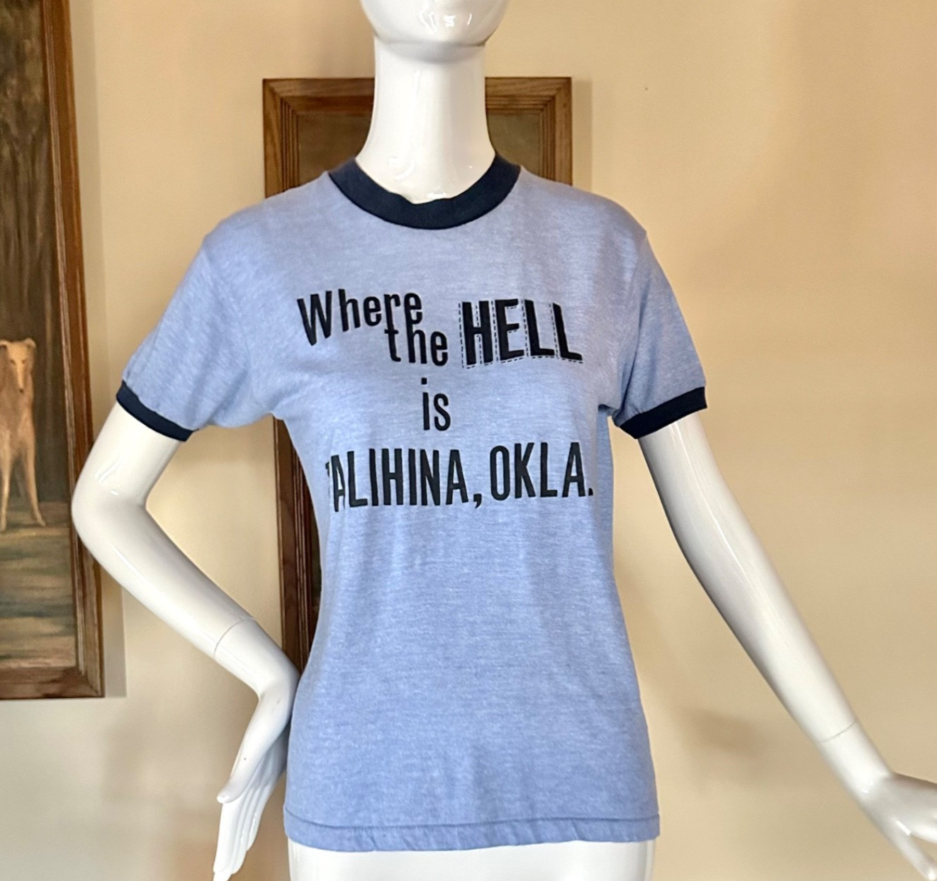 VTG 1980s Blue Ringer T-Shirt Where the Hell is Talihina OK Single Stitch Punk S