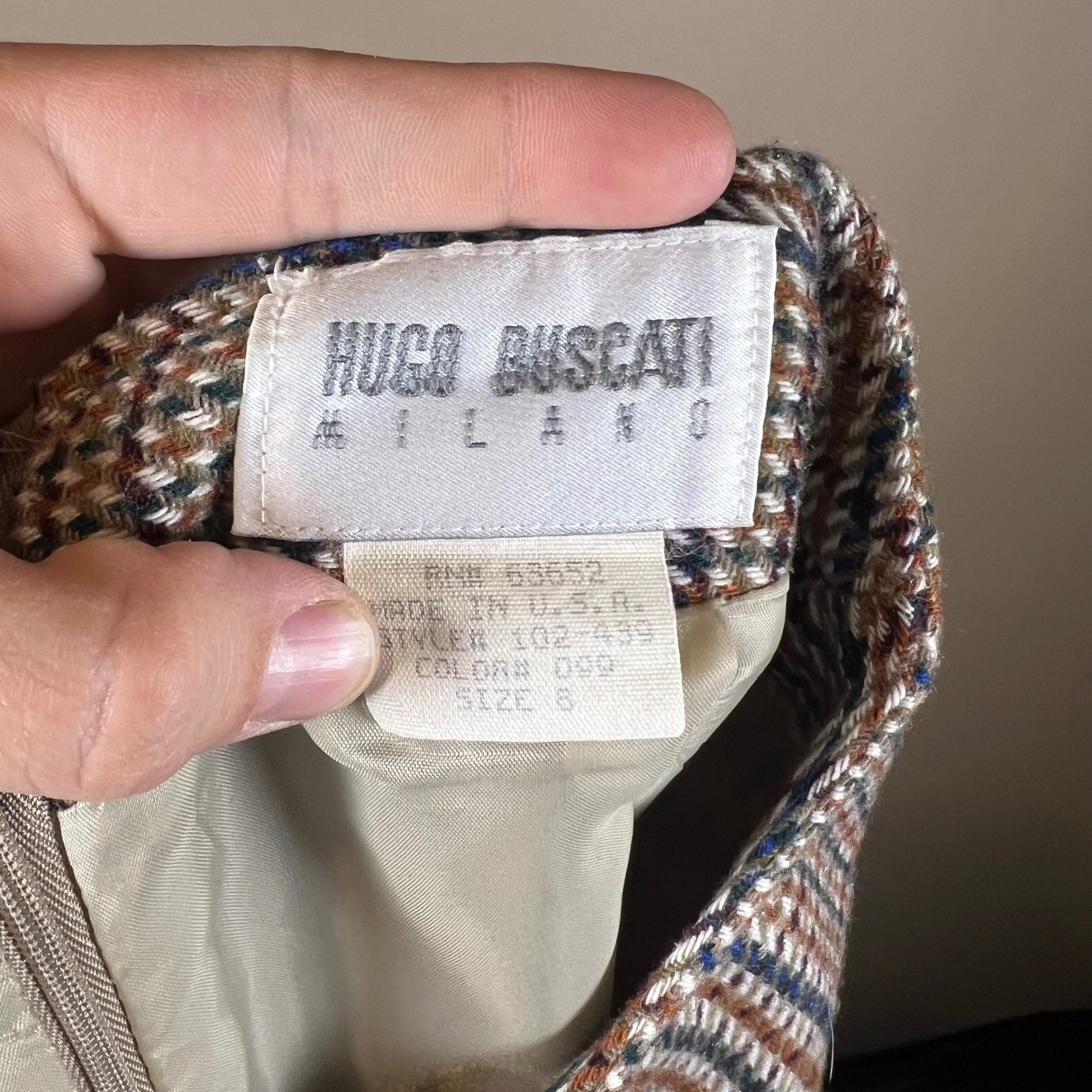 Hugo Buscati Milano Vintage Plaid Skirt Suit Brown Blue Wool Blend Size 8 USA