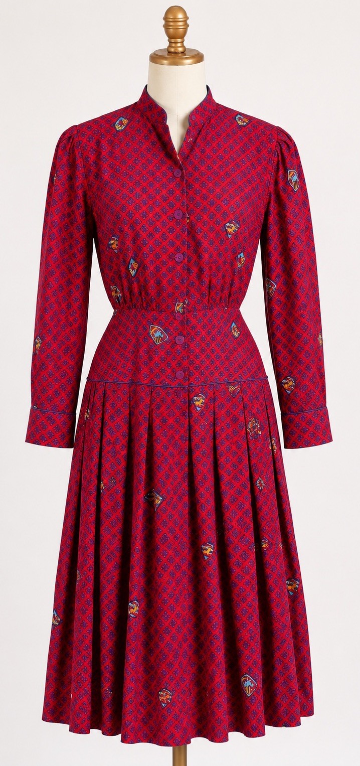 Vtg Kathryn Conover Shirtwaist Midi Dress Red Equestrian Preppy Horse Pleated 6