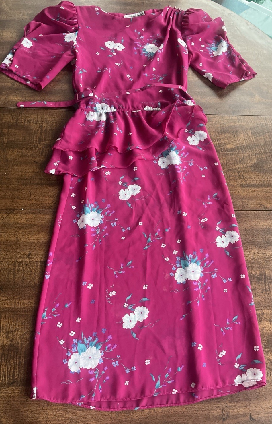 Vintage Floral Peplum Dress Belted Pearl Button Cottagecore Romantic Size 9/10