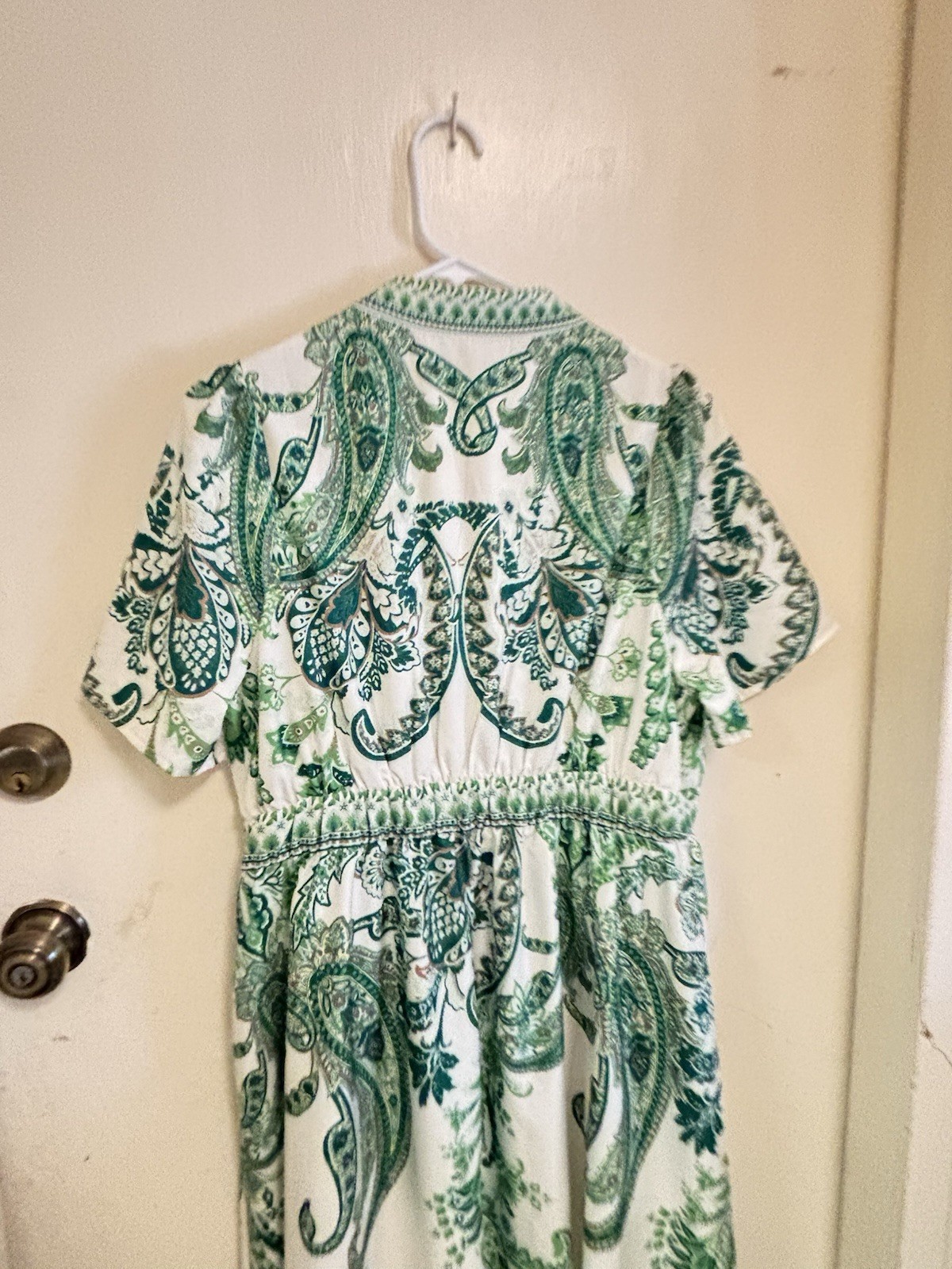Vintage Dress Polyester Vintage 1970s Style Green And Cream Ornate Size L