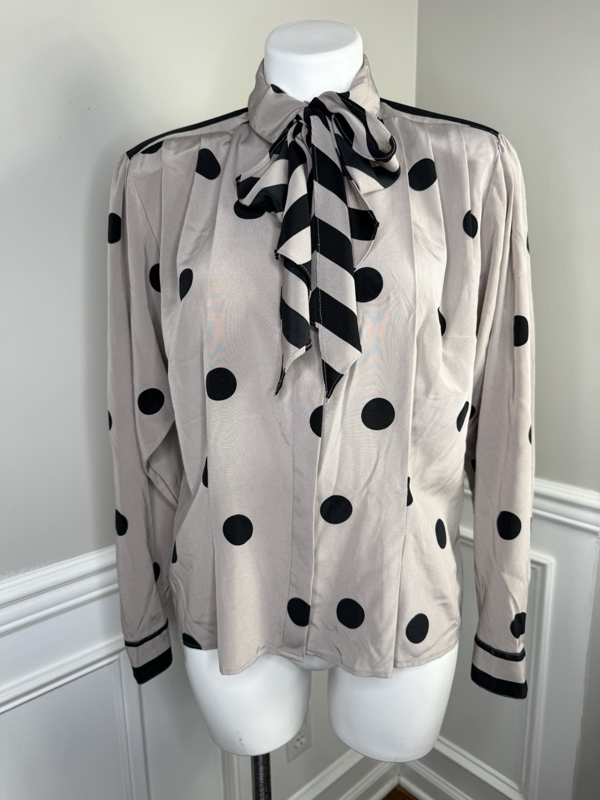 Vintage Stuart Lang Flowy Button Down Blouse Polka Dot Detachable Scarf Sz 12 L