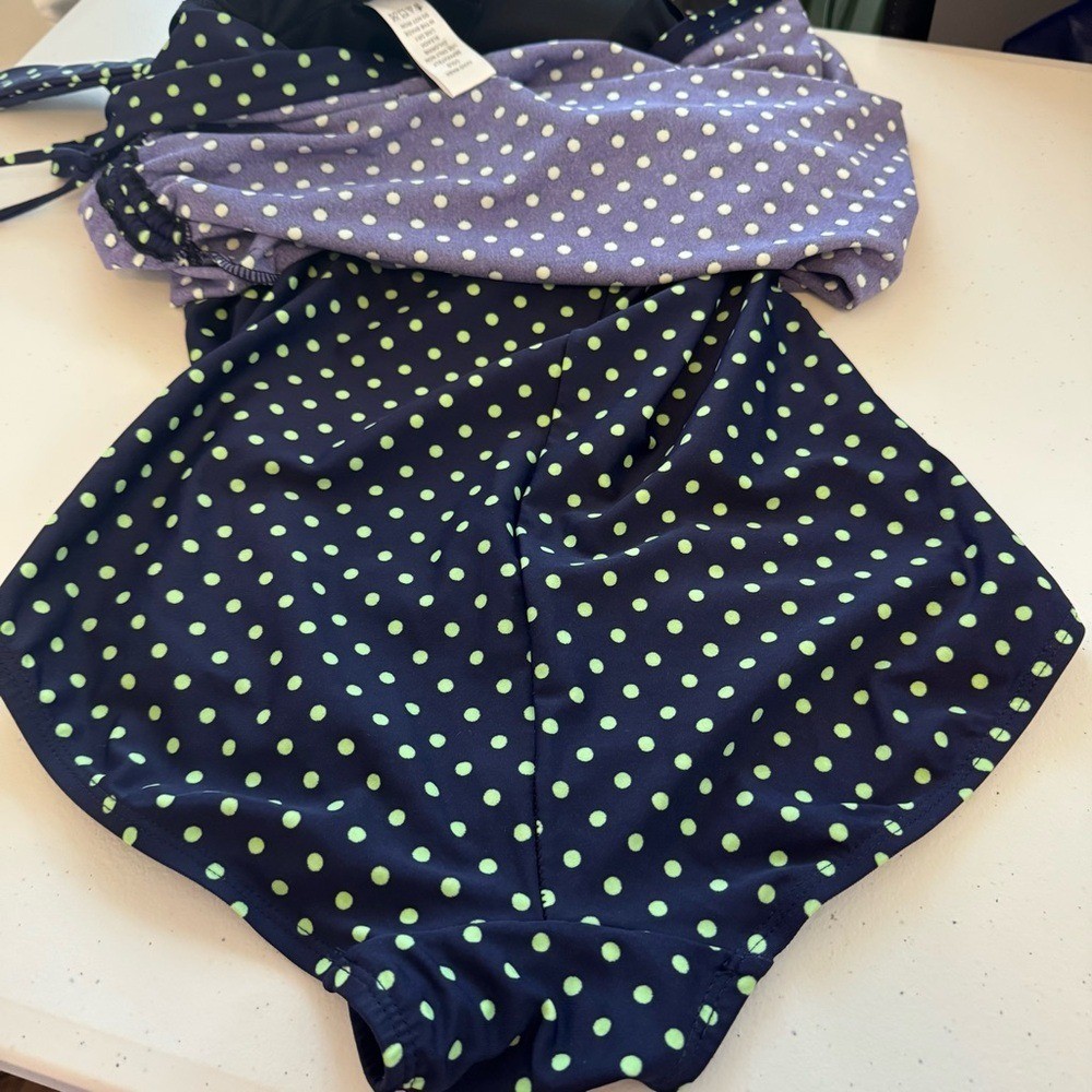 Swimsuits For All Retro Navy and Green Polka Dot One Piece Swimsuit Size 8