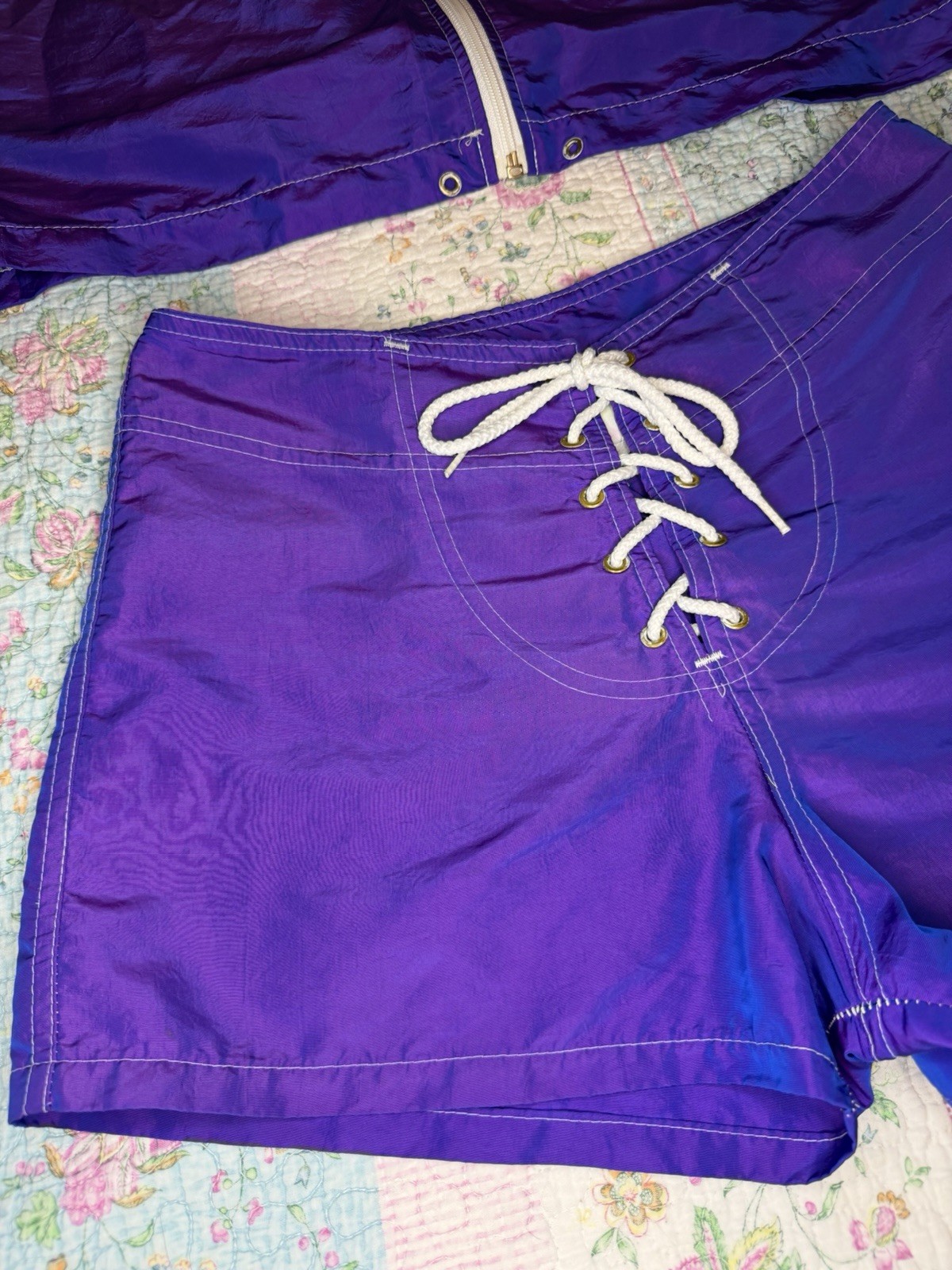 VTG 90s Y2K Surf Style Purple Iridescent Windbreaker Jacket & Board Shorts SM