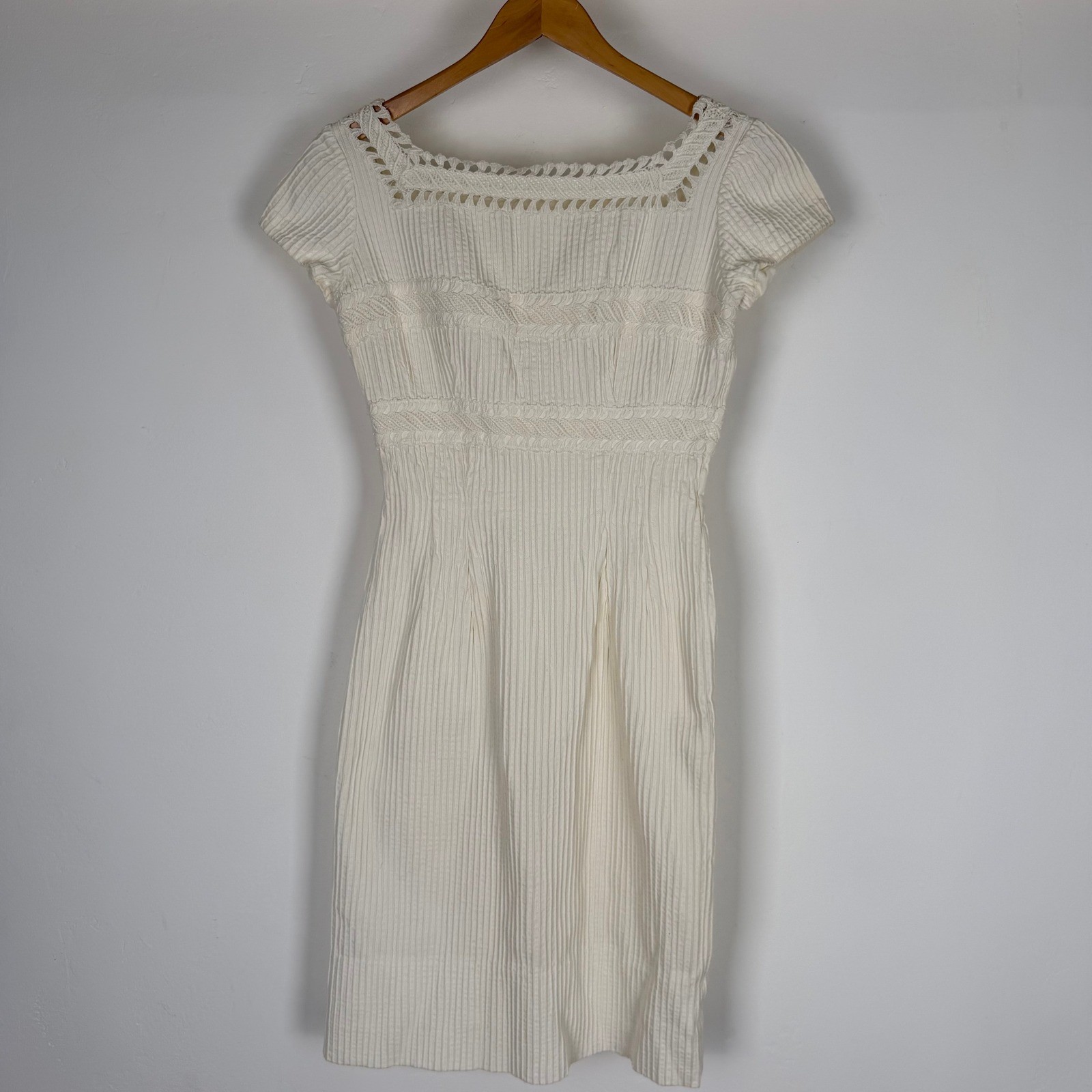 VTG 50s Cream White Crochet Lace Square Neck Textured Cap Sleeve Shift Dress