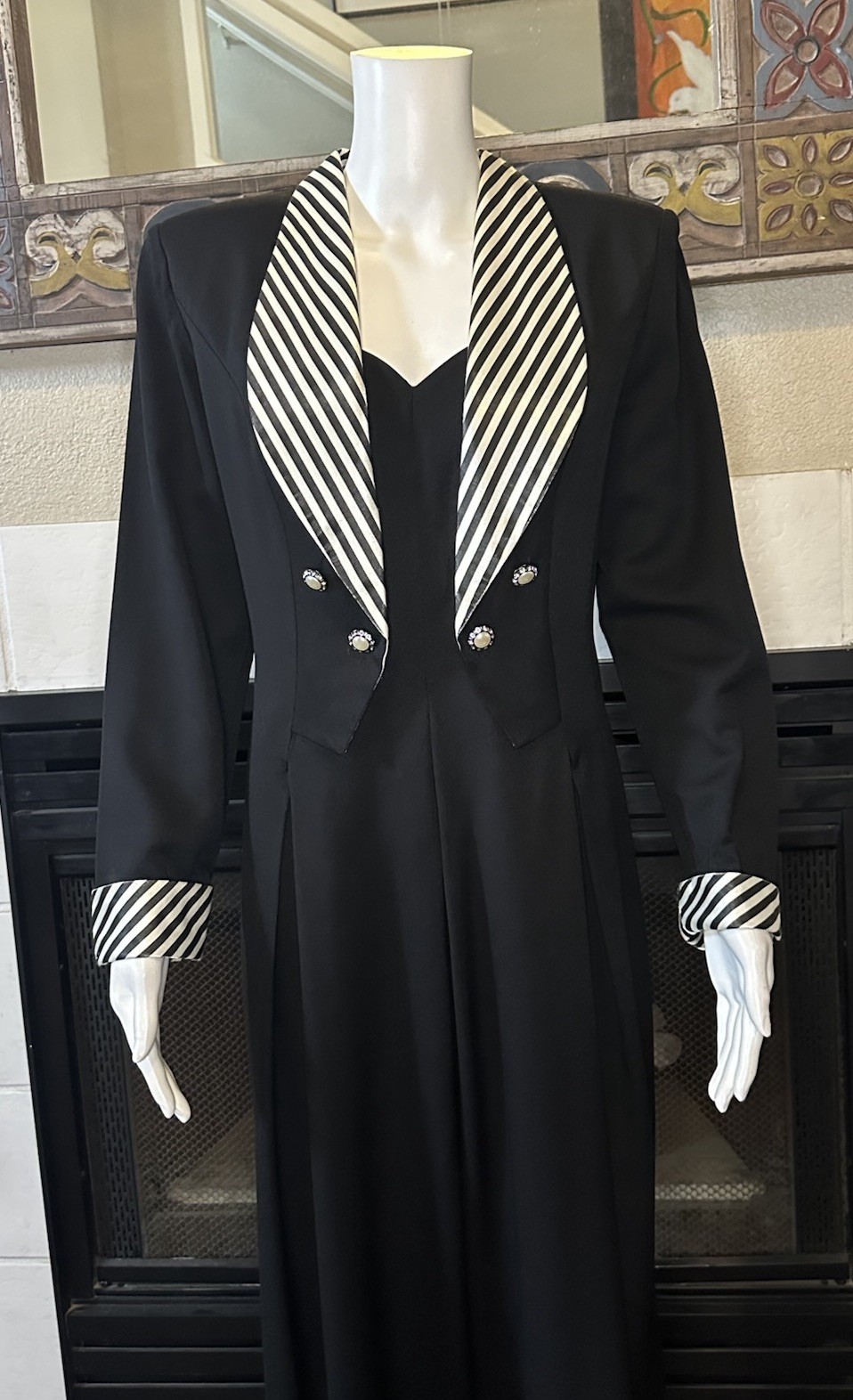 Vintage Black Striped Shawl Collar Wide Leg Palazzo Tie Back Tuxedo Jumpsuit
