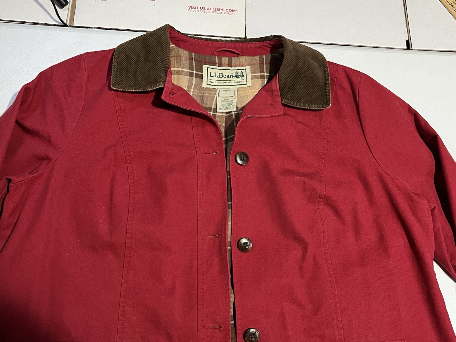 vtg LL Bean Womens XL 1X Red Chore Coat Barn Field Jacket Plaid Lined Corduroy