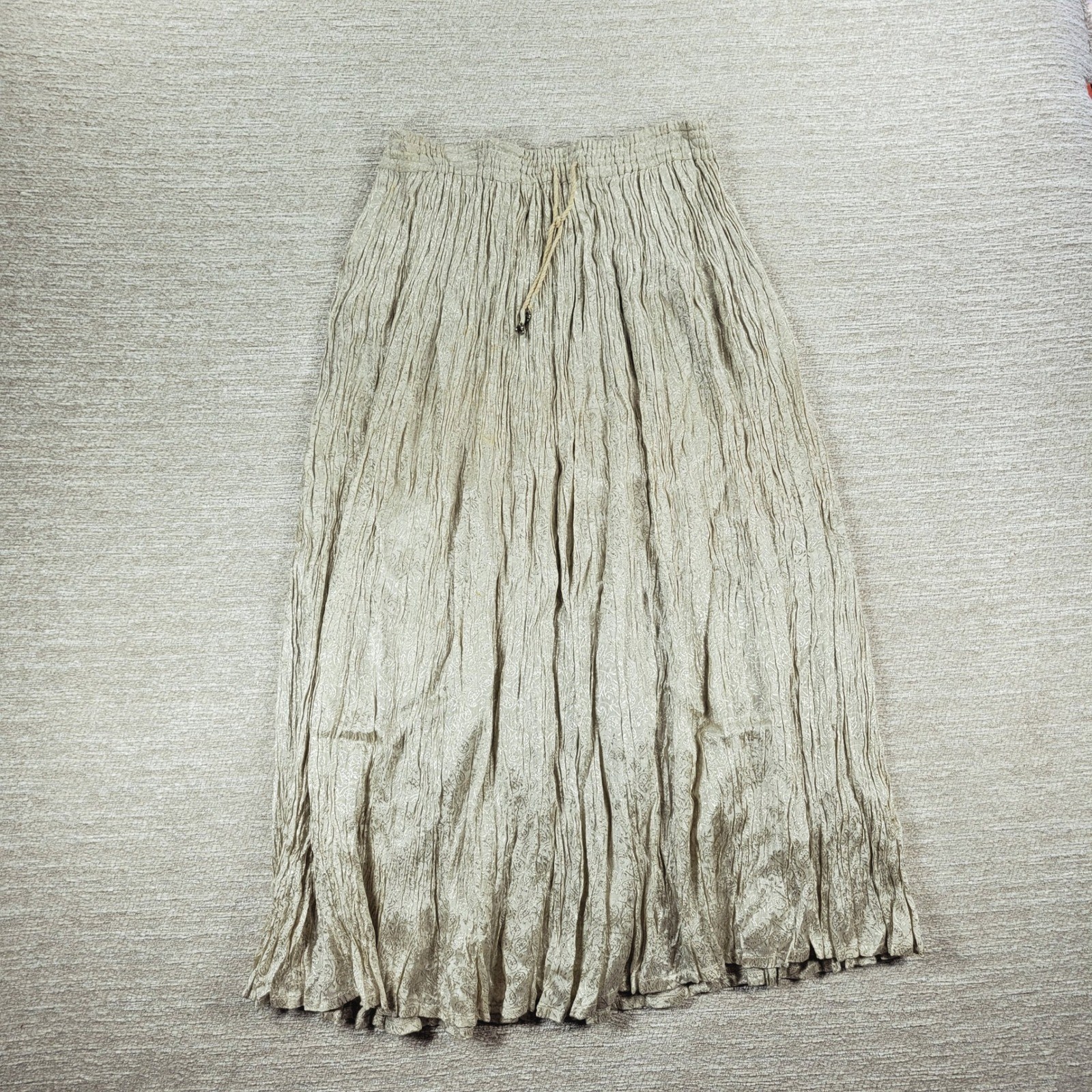 Vintage Just Class Crinkle Maxi Skirt Sz L Ivory Jacquard Drawstring Flowy Boho