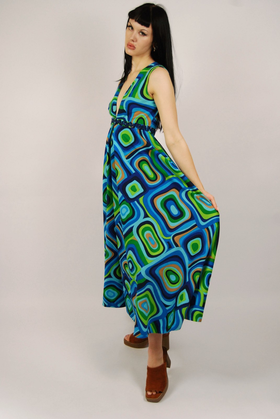 70s Psychedelic Print Maxi Dress (S) small blue green vintage Vogue funky retro