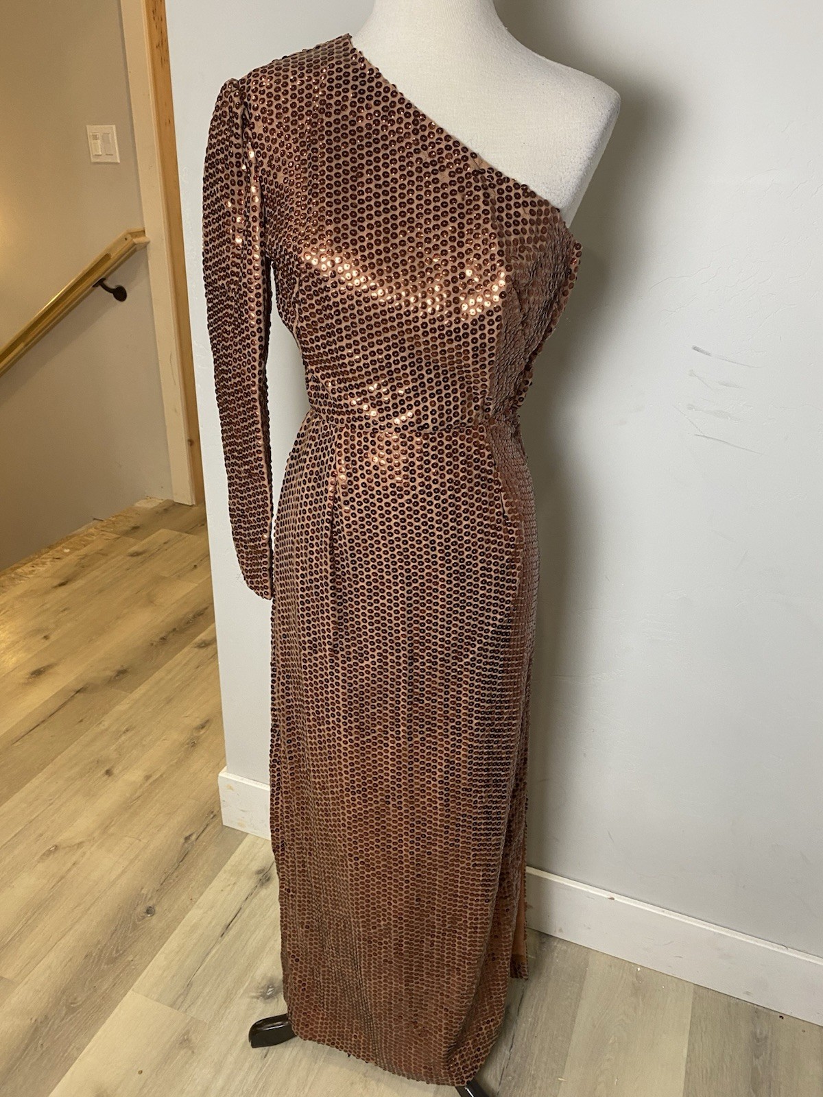 Vintage 1960’s Mike Benet Formals Copper Sequined One Shoulder Gown XS