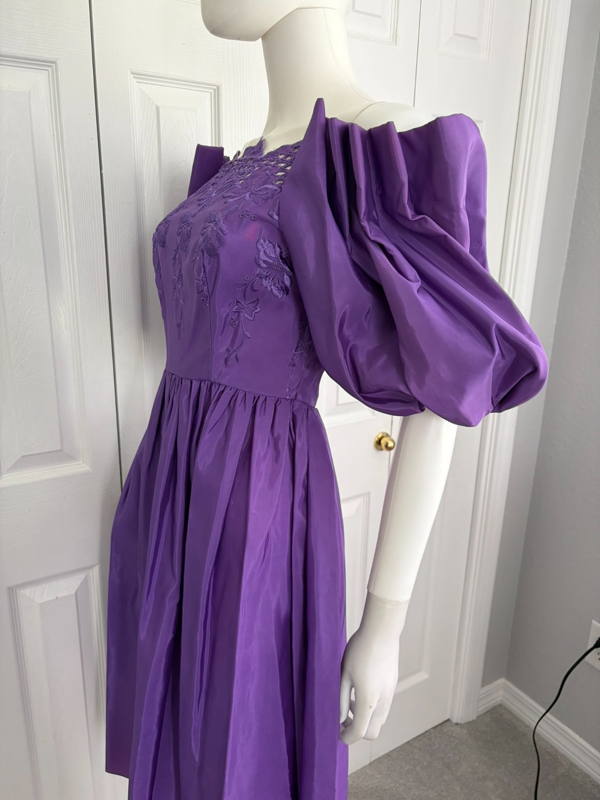 vintage 80s purple off the shoulder bodice midi dress
