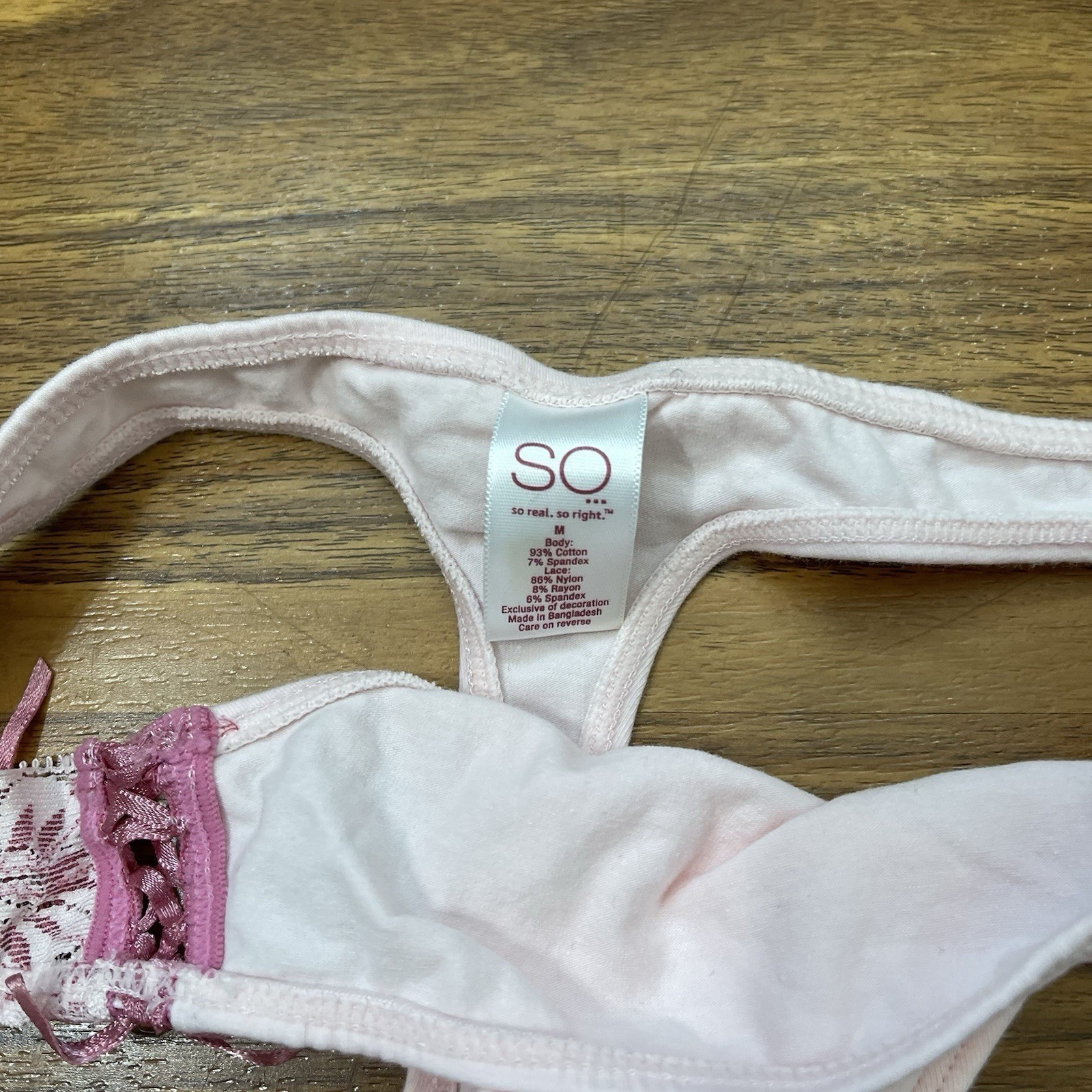 VTG Y2K M Lace Coquette Bows Thong Cotton Panties Underwear Baby Pink