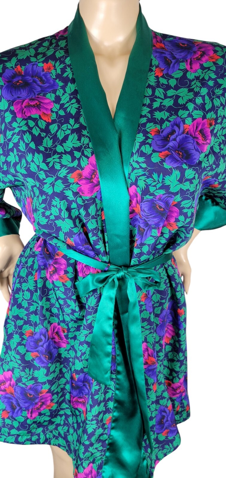 Vtg Victoria’s Secret Gold Label Poly Satin Green Purple Pink Red Floral Robe OS