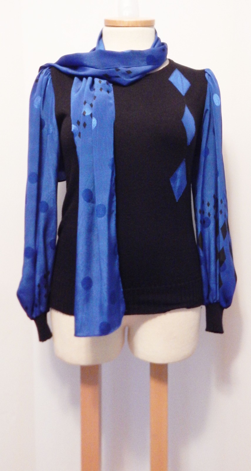Vtg Anthony Sicari 80s Knit Harlequin Puffed Sleeve Sweater & Scarf Size L