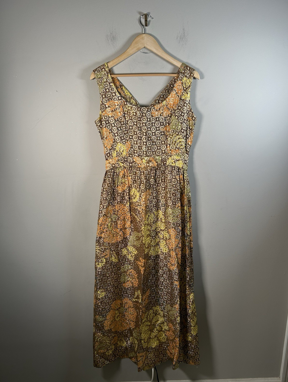 VTG 60s/70s Floral Orange Gold Hippie Psychedelic Long Maxi Dress Hand Made Sz M