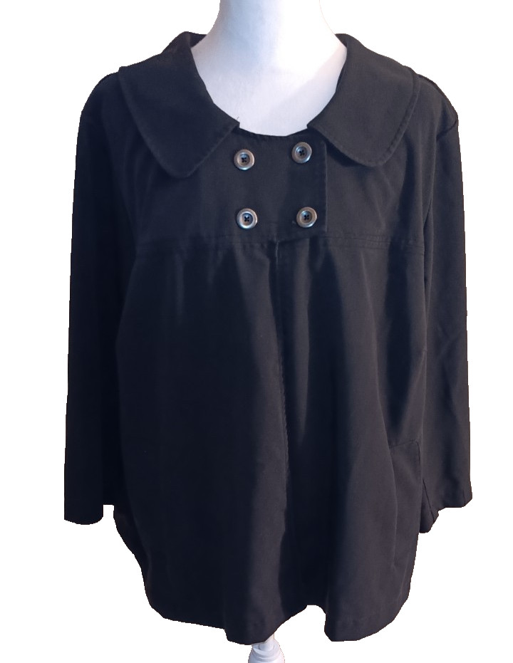 Avenue Black Double Breasted Swing Coat Teal Satin Lining Peter Pan Collar 20