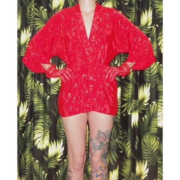 Vintage Short & Sexy Red Robe S pinup retro sleepwear goth gothic