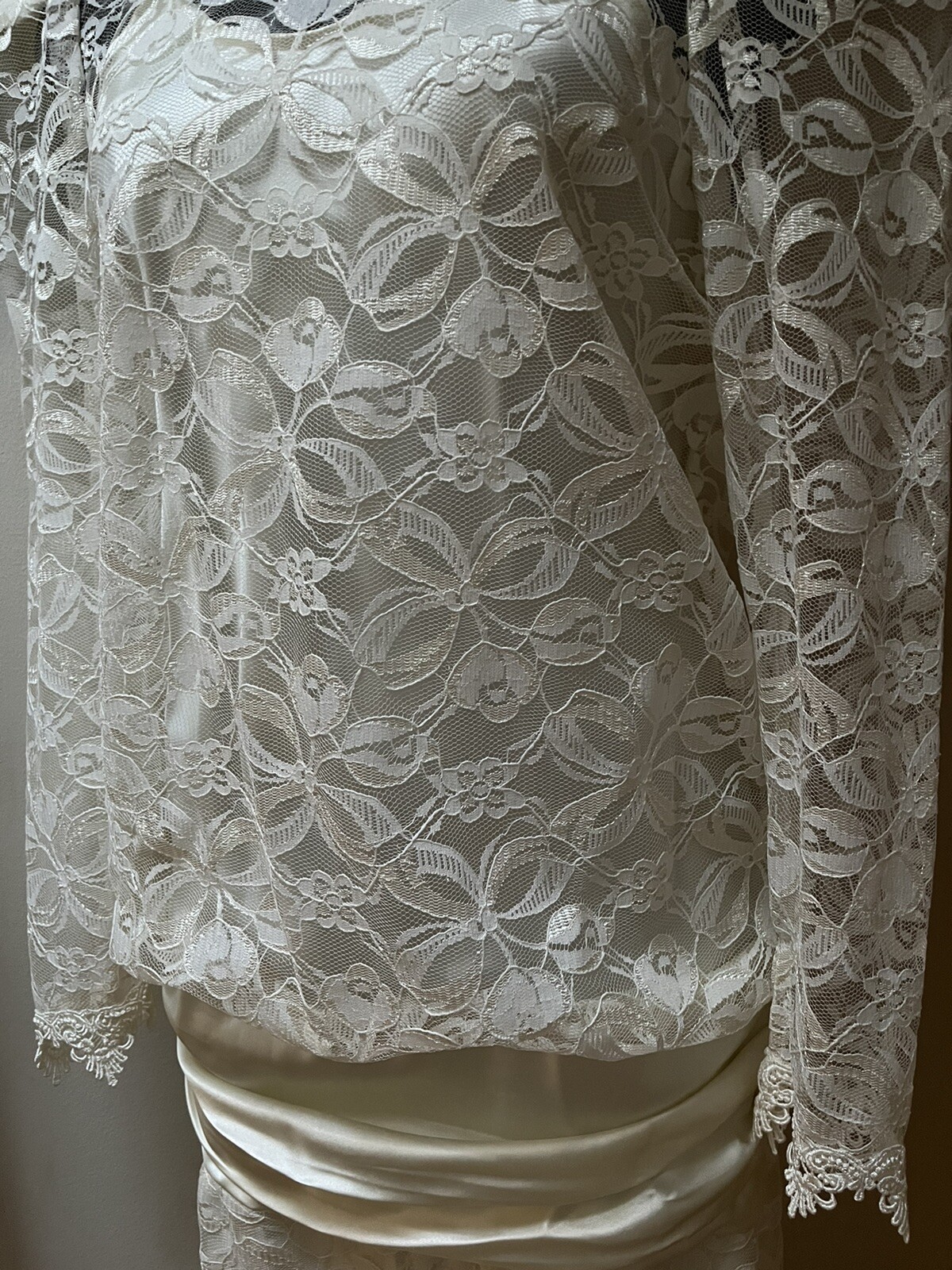 Vtg Lace Dress Victorian Style Drop Waist Midi High Collar Sequin SMALL