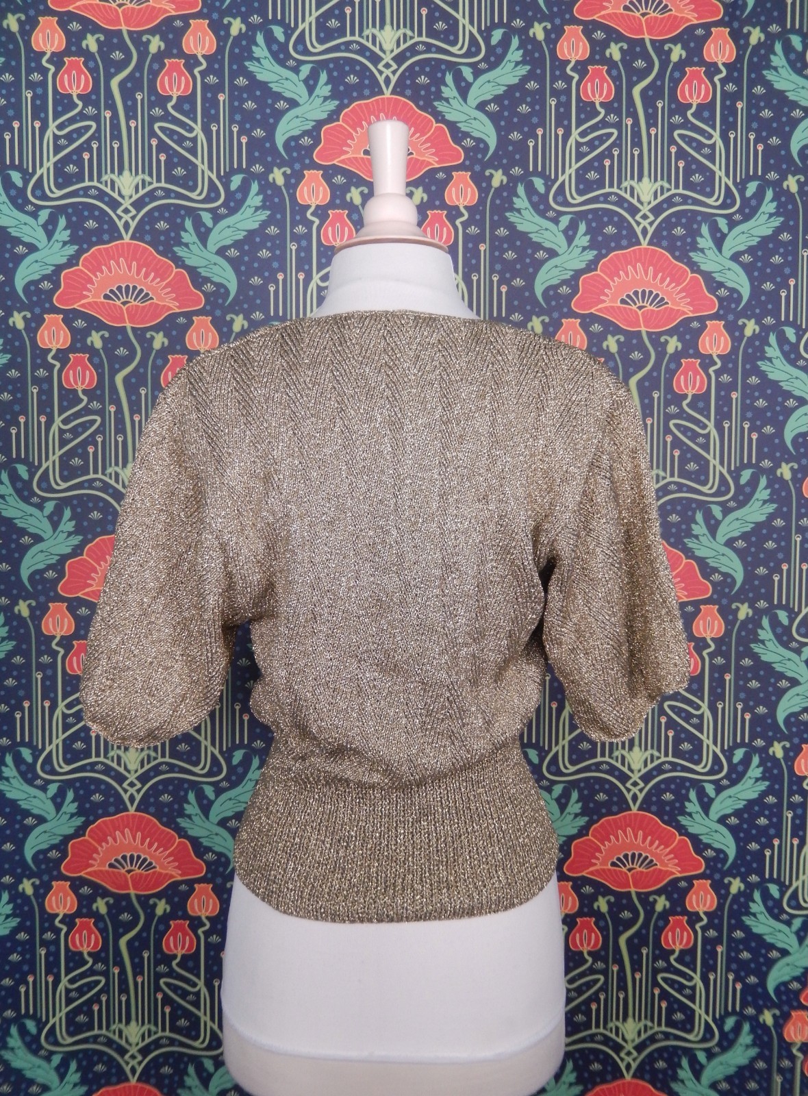 Vintage 80’s Perry Ellis Gold Hand Knit Short Sleeve Cardigan V-Neck Sweater Top