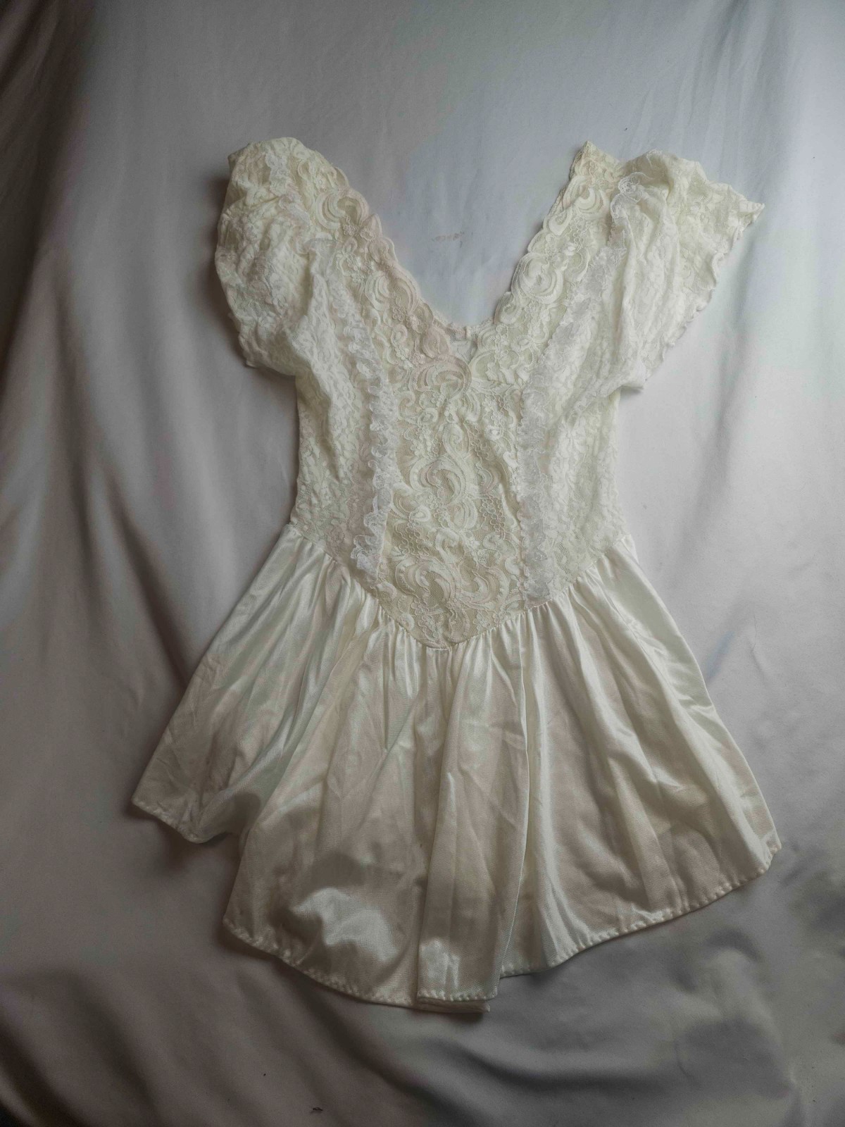 Vintage Sears Inner Most Lace Teddy Romper Womens Medium 12/14 White Satin Retro